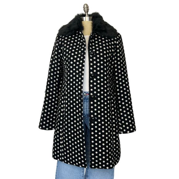 Merona Polka Dot Wool Blend Faux Fur Collared Button Front Long Coat (Sz M) - Picture 1 of 13